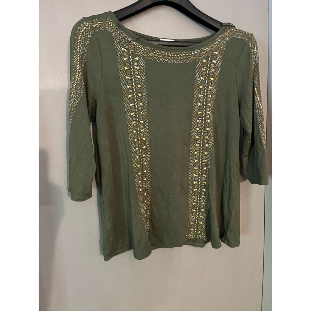 Westport Women's Embroidered Top Blouse 3/4 Cutout sleeves Olive green top size